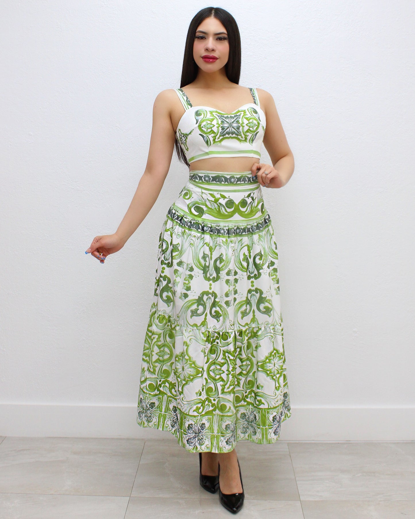 Sophisticated Lady Printed 2 Piece Skirt Set Green