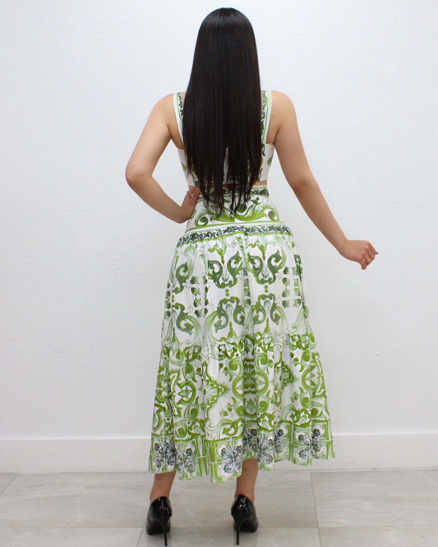 Sophisticated Lady Printed 2 Piece Skirt Set Green