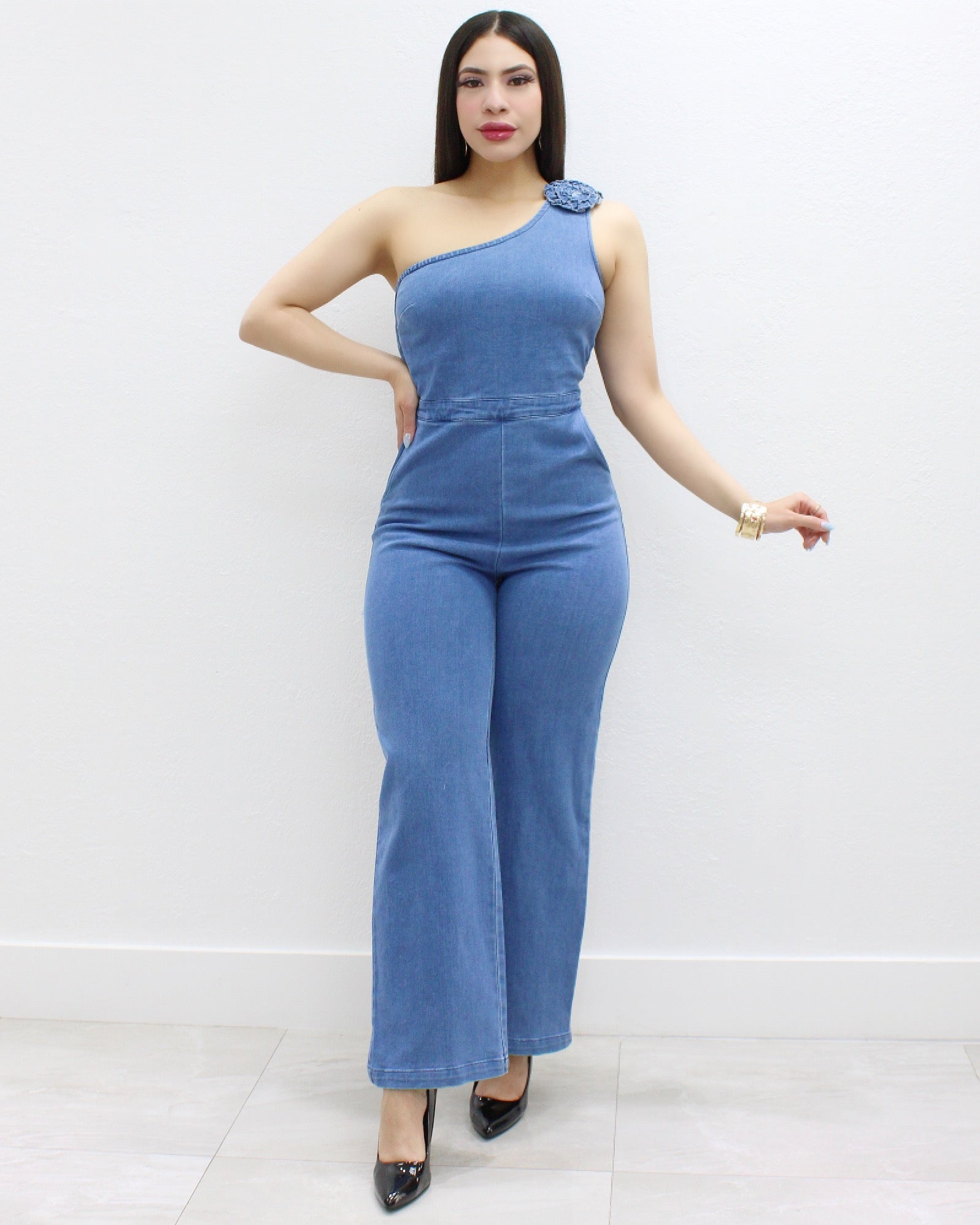 Brand Denim Floral One Shoulder Jumpsuit 100 Percent Cotton With Subtle Stretch And Adjustable Waist