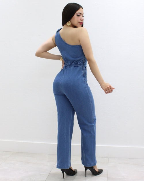 Brand Denim Floral One Shoulder Jumpsuit 100 Percent Cotton With Subtle Stretch And Adjustable Waist