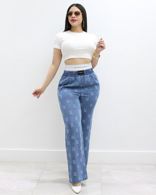 A Piece Of Art  Denim Pants Double Ribbed High Waist Light Blue