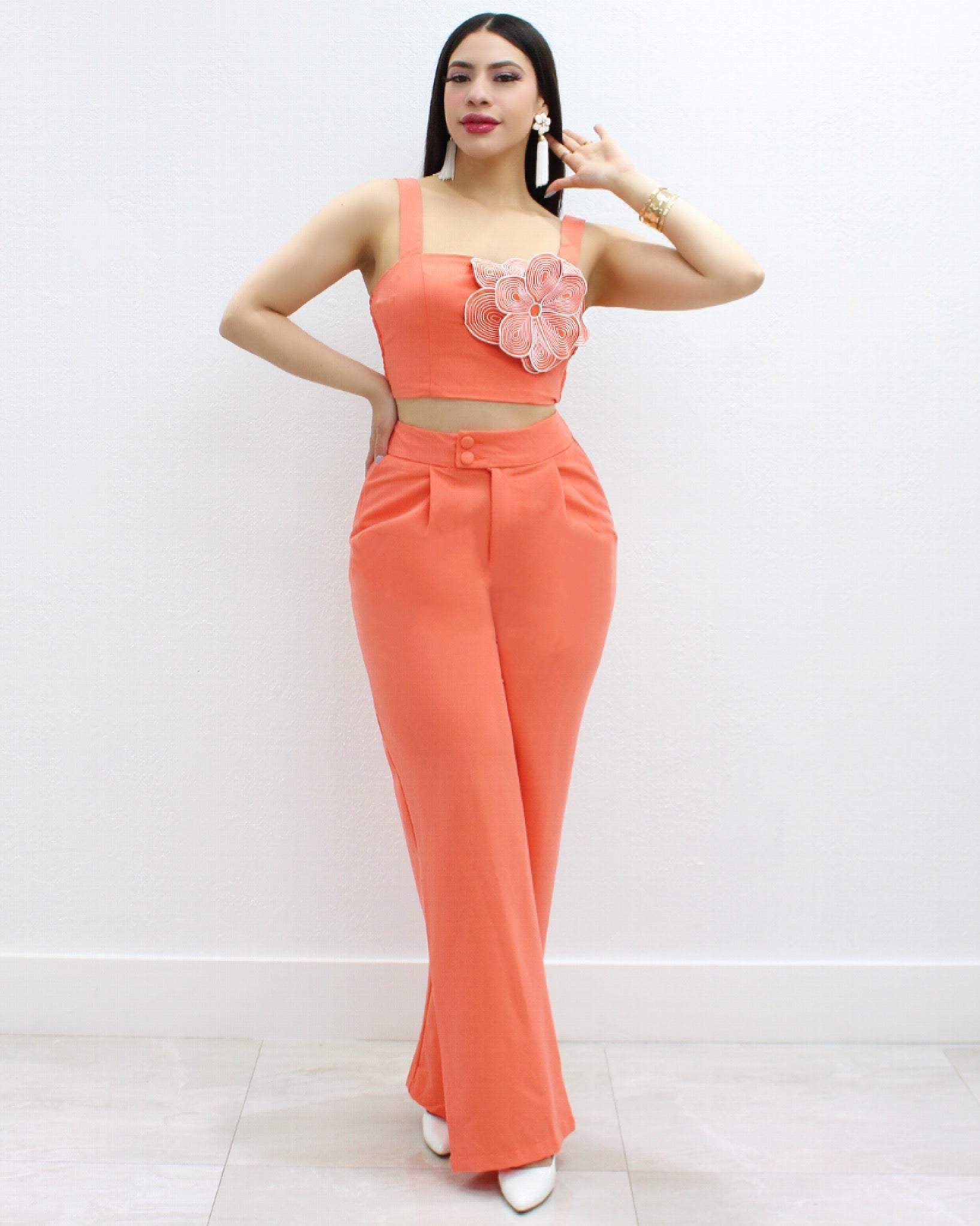 Own The Moment Floral Two Piece Pant Set Salmon - 100 Percent Rayon No Stretch For A Sleek Look