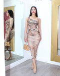 Style Boutique Denim Print Midi Dress Brown - Stretchy 100 Percent Polyester For All Day Comfort