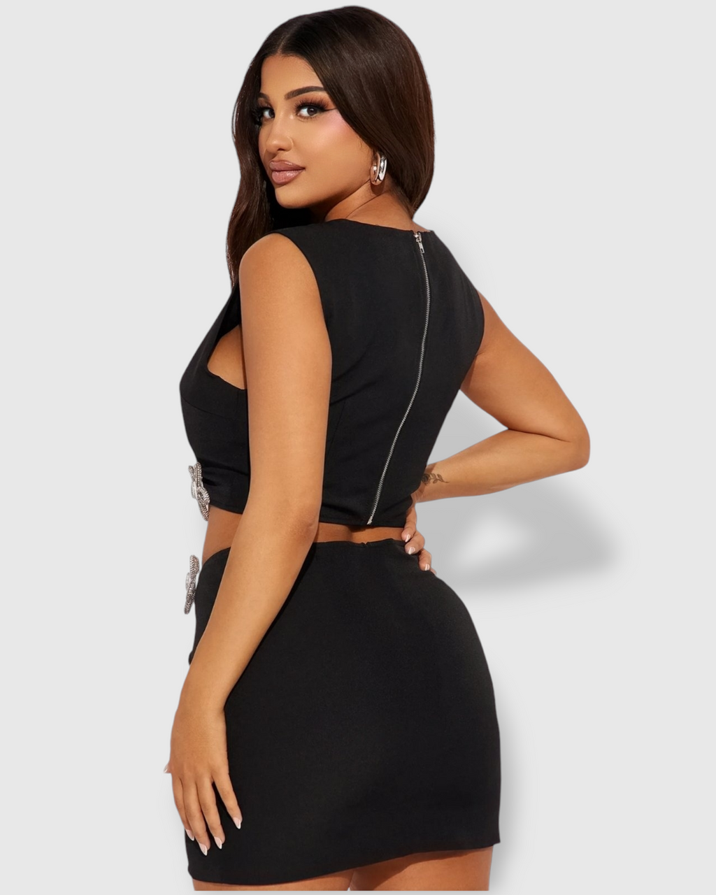 Nigth Out Vibes Bodycon 2 Piece Skirt Set Black Rhinestone Embellished Stretchy Polyester Blend