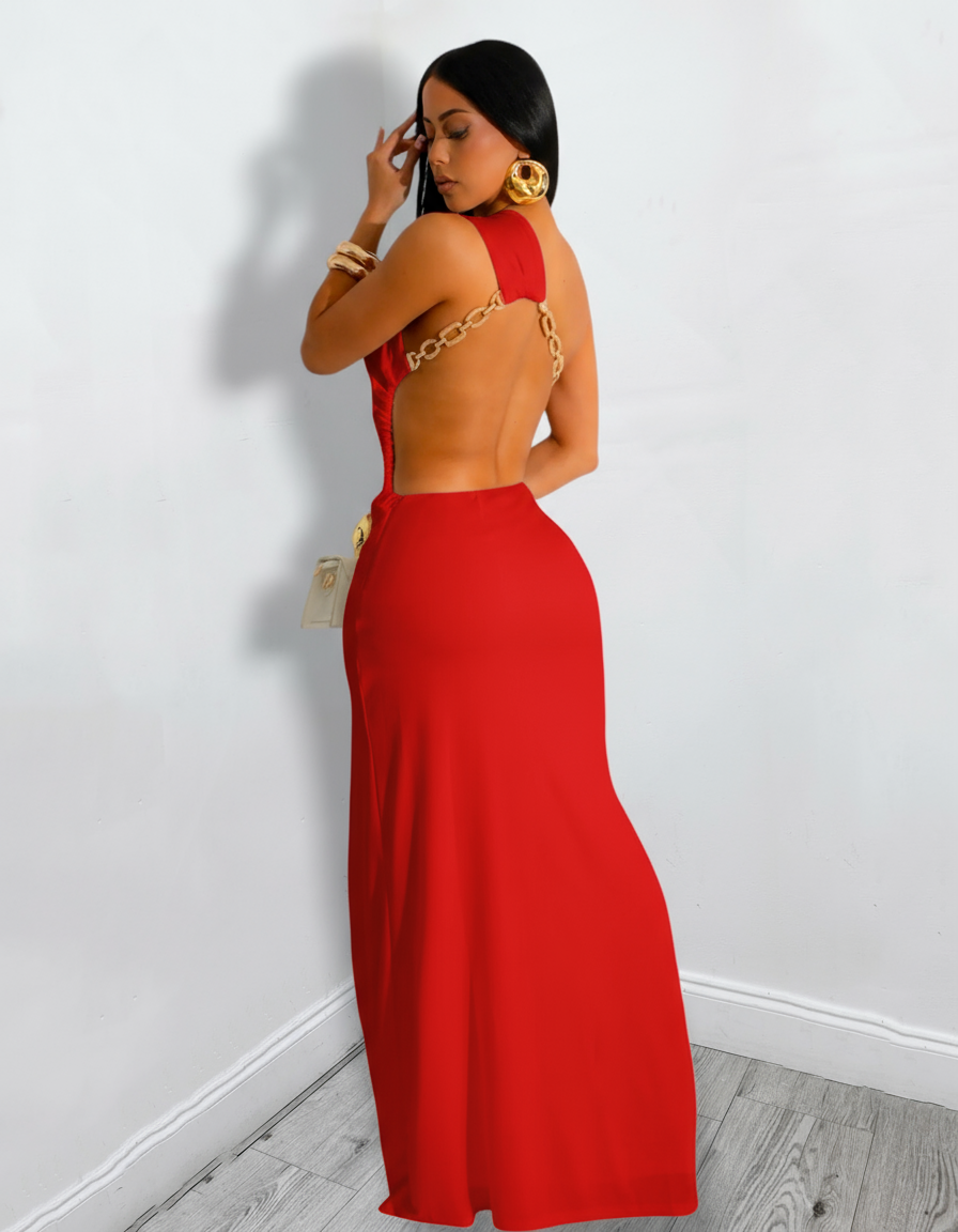 Feel Famous Chain Adorn Maxi Dress Red Chiffon Medium Feel Famous Chain Adorn Maxi Dress Red Chiffon Medium