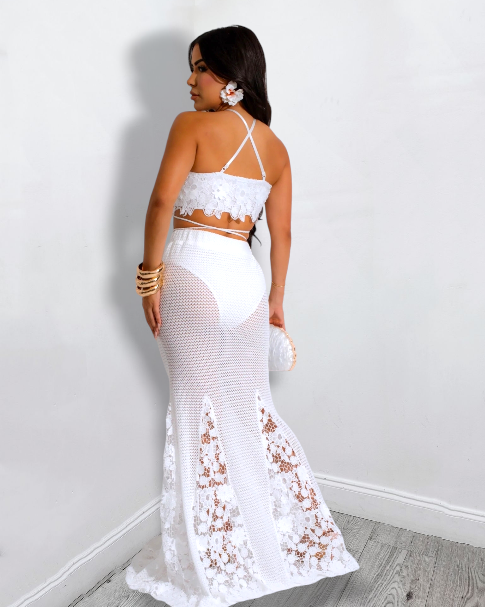 Pretty On Me Crochet Skirt Set White - Stretchy Polyester Comfort For All Day Wear