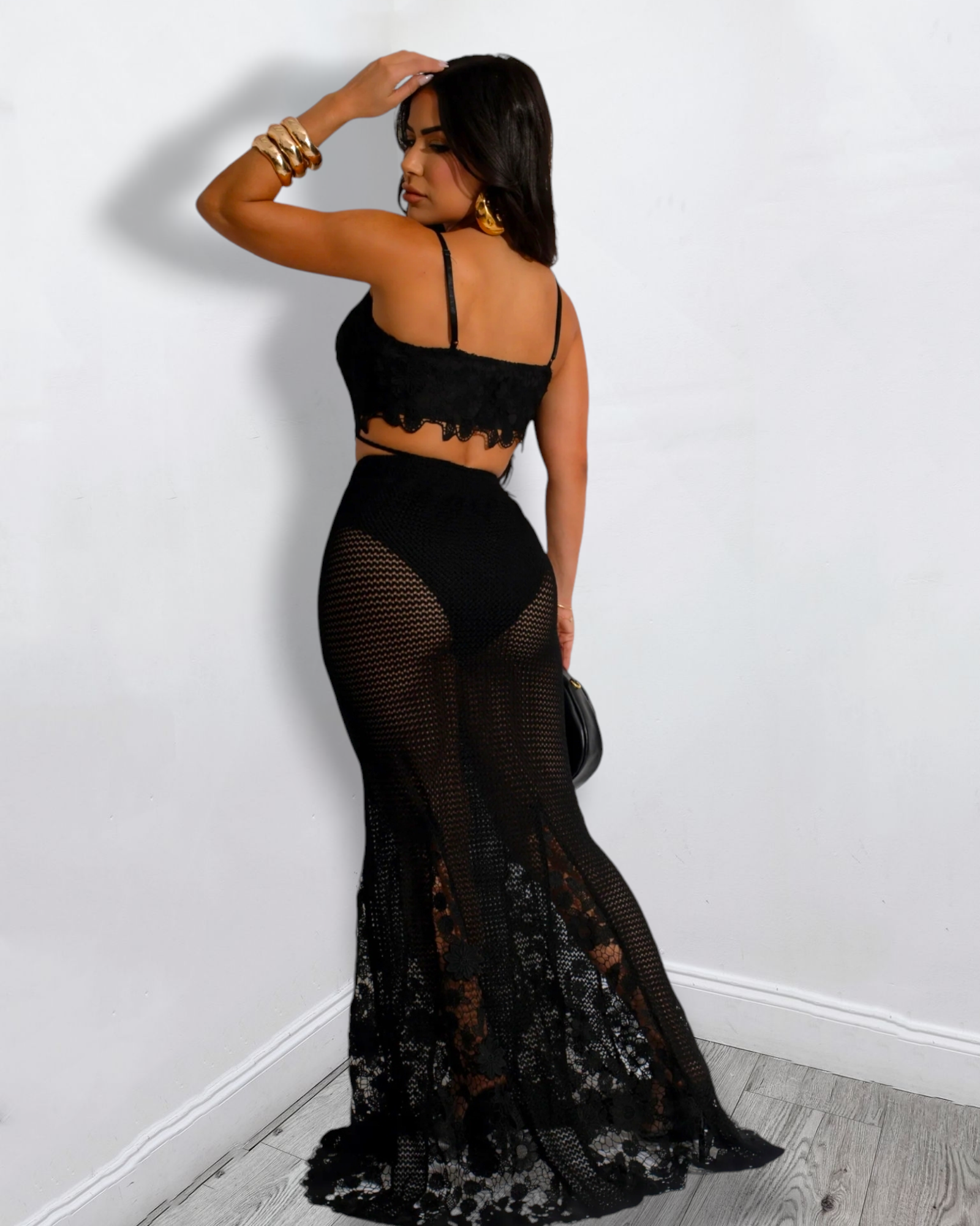 Pretty On Me Crochet Skirt Set - Stretchy Polyester Comfort For All Day Wear In Black