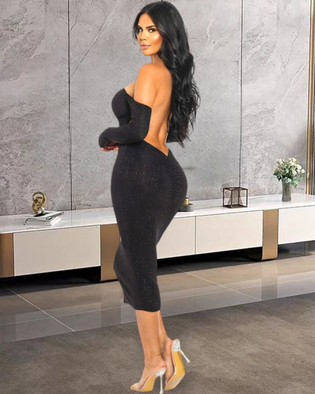 Modern Muse Midi Dress - Elegant Black Mesh Dress With Moderate Stretch Perfect For Any Event And Evening Wear
