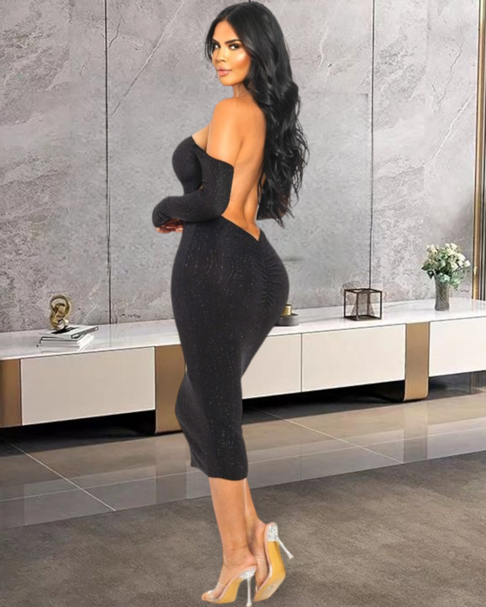 Modern Muse Midi Dress - Elegant Black Mesh Dress With Moderate Stretch Perfect For Any Event And Evening Wear