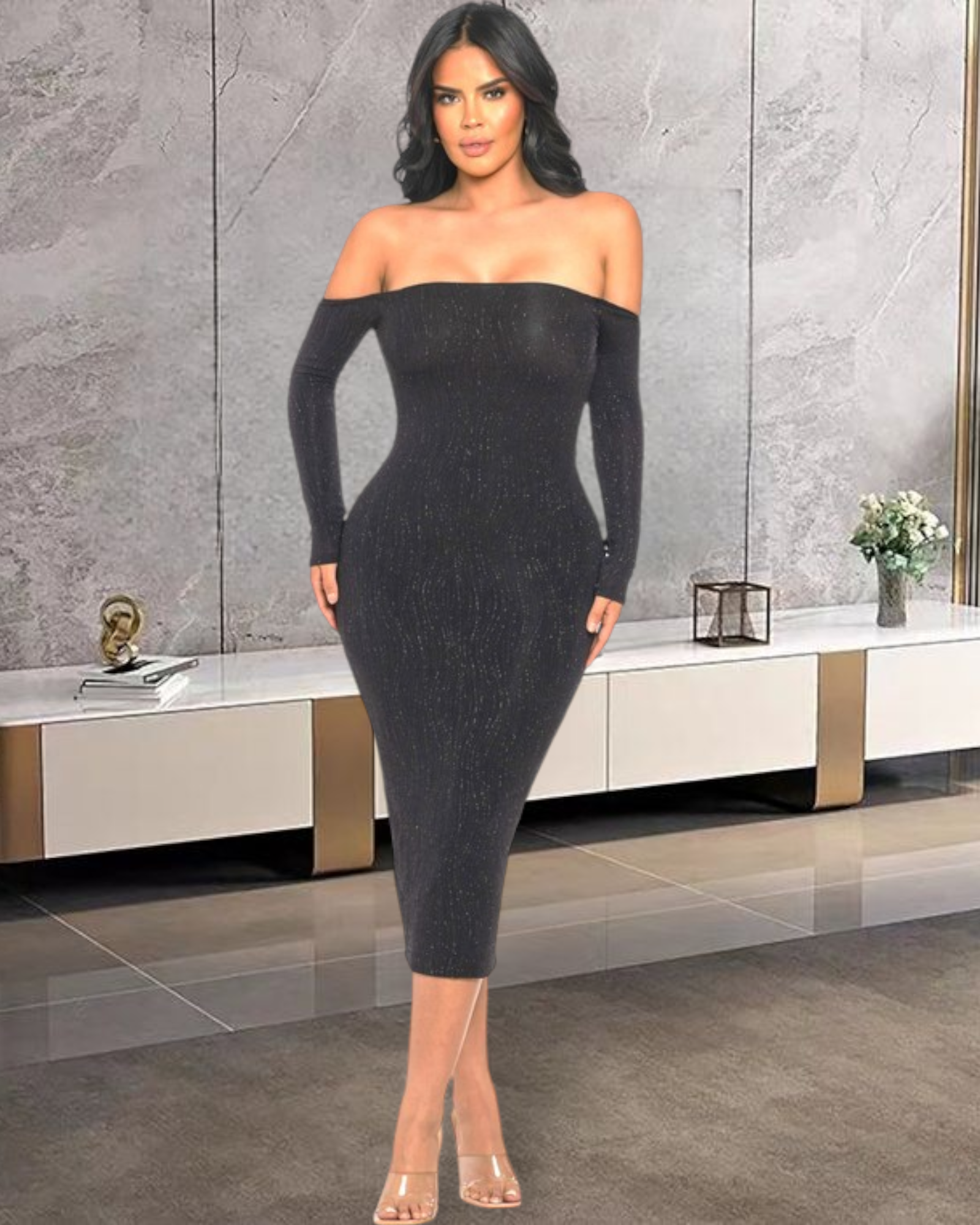 Modern Muse Midi Dress - Elegant Black Mesh Dress With Moderate Stretch Perfect For Any Event And Evening Wear