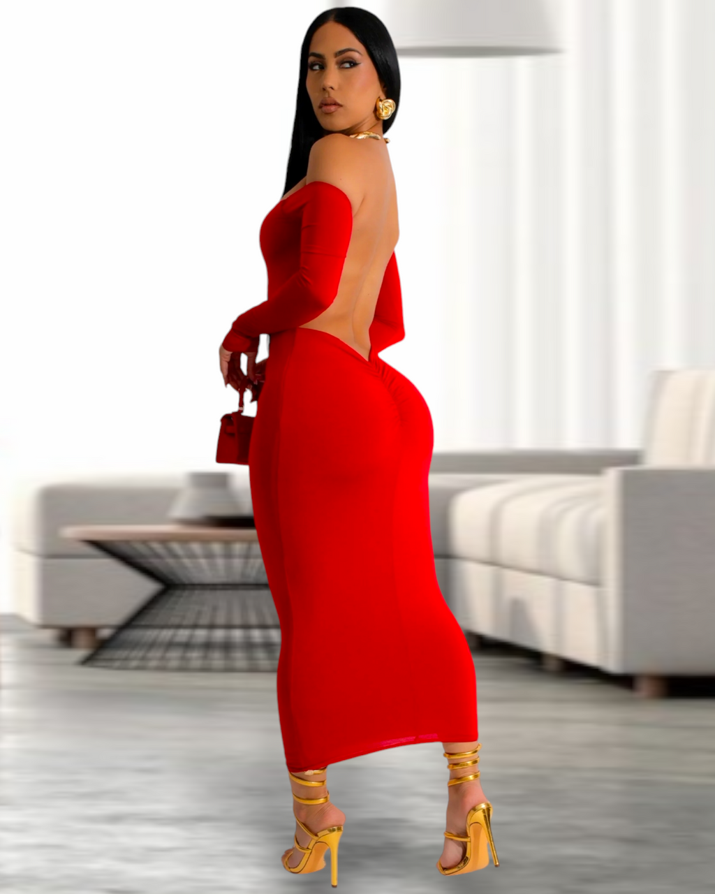 Modern Muse Midi Dress - Red Polyester Mesh With Moderate Stretch For Any Event Flattering Fit
