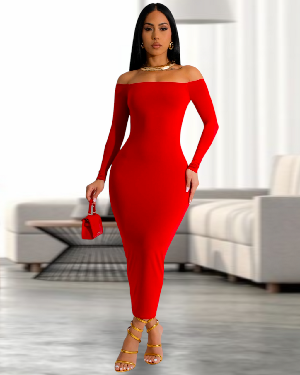 Modern Muse Midi Dress - Red Polyester Mesh With Moderate Stretch For Any Event Flattering Fit