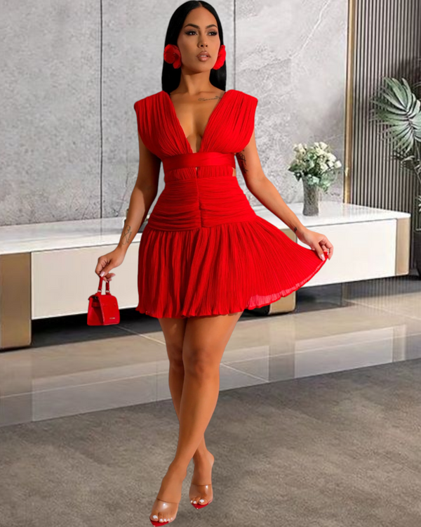 Scarlet Red Pleated Satin Mini Dress