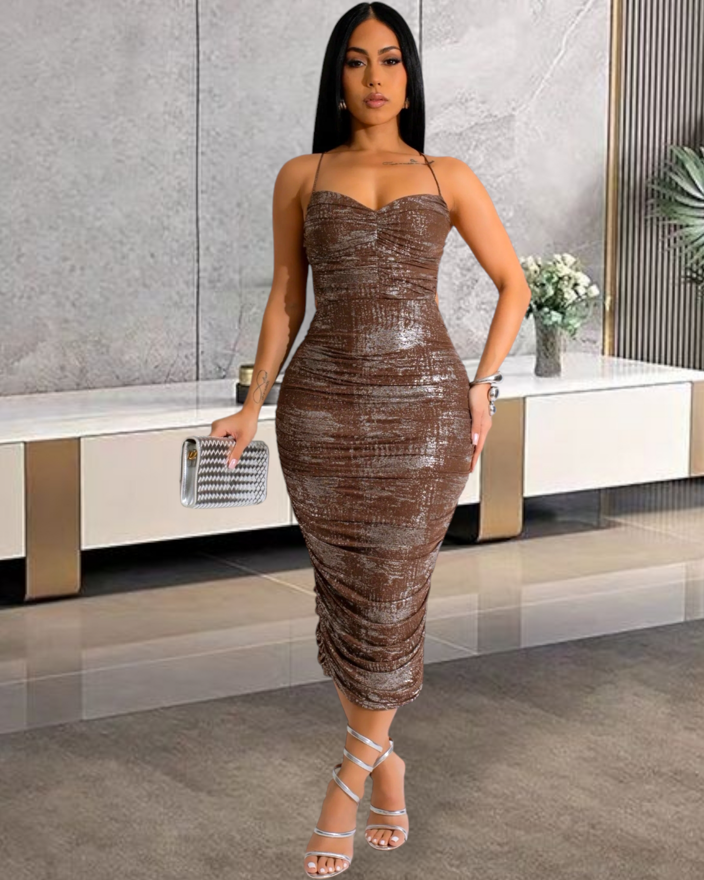 Take It With You Ruched Silver Foil Midi Dress Chocolate