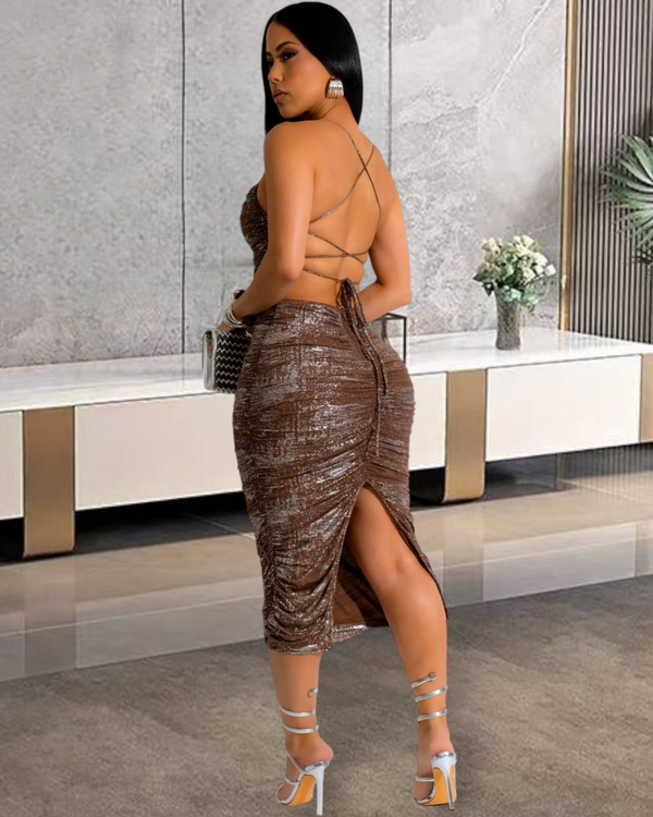 Take It With You Ruched Silver Foil Midi Dress Chocolate