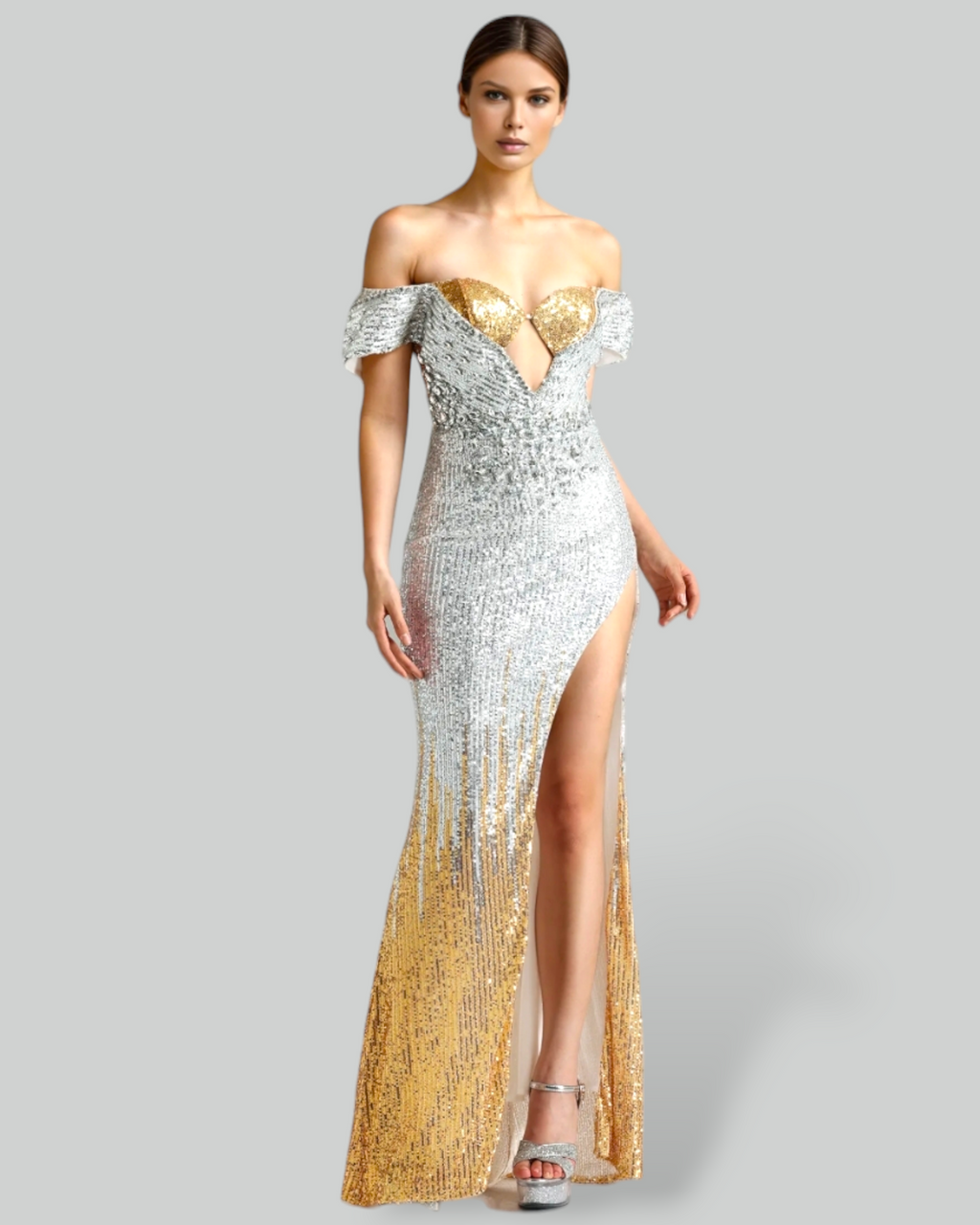 Show Must Go On Crystal And Sequin Maxi Dress - Gold And Silver Embellished Evening Gown