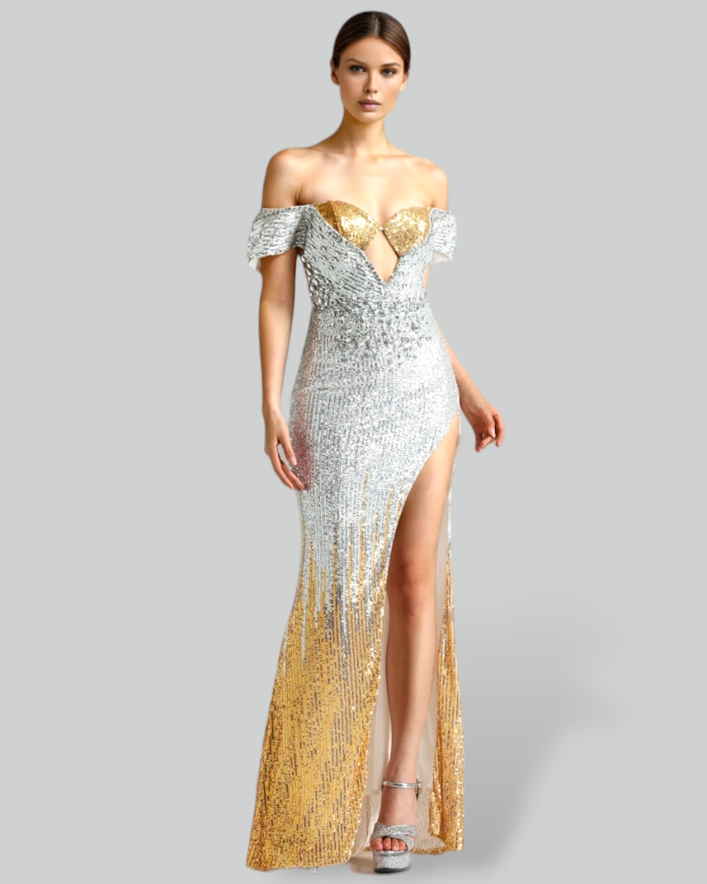 Show Must Go On Crystal and Sequin Maxi Dress Gold Silver