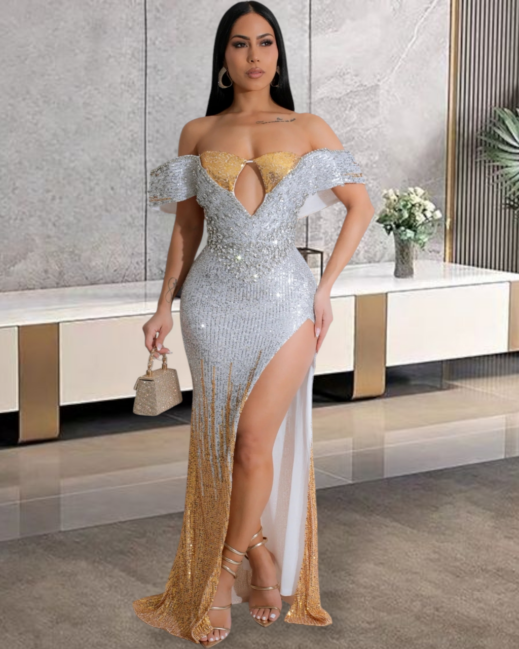 Show Must Go On Crystal And Sequin Maxi Dress - Gold And Silver Embellished Evening Gown