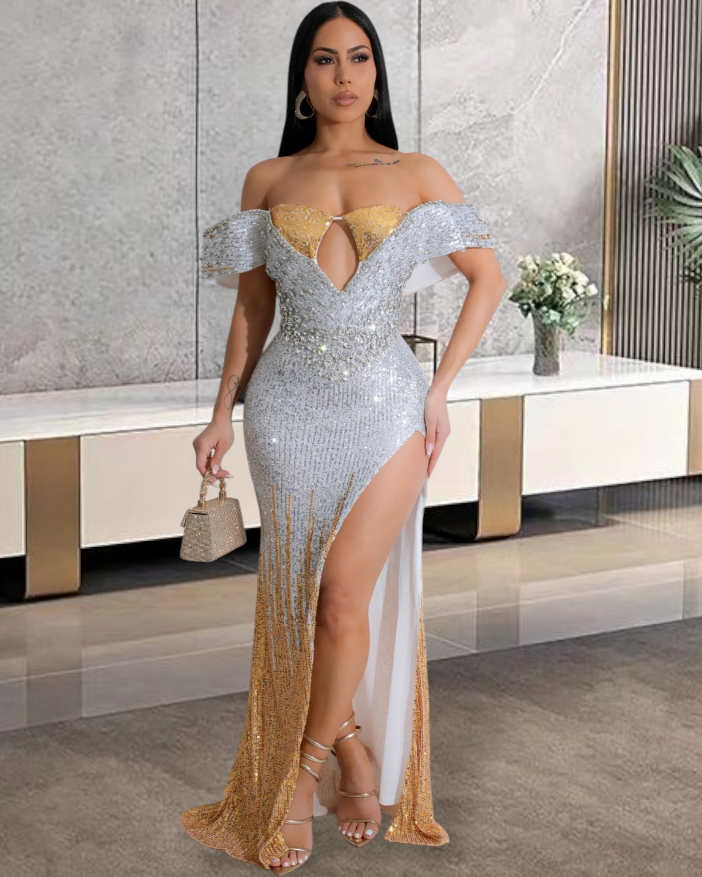 Show Must Go On Crystal and Sequin Maxi Dress Gold Silver