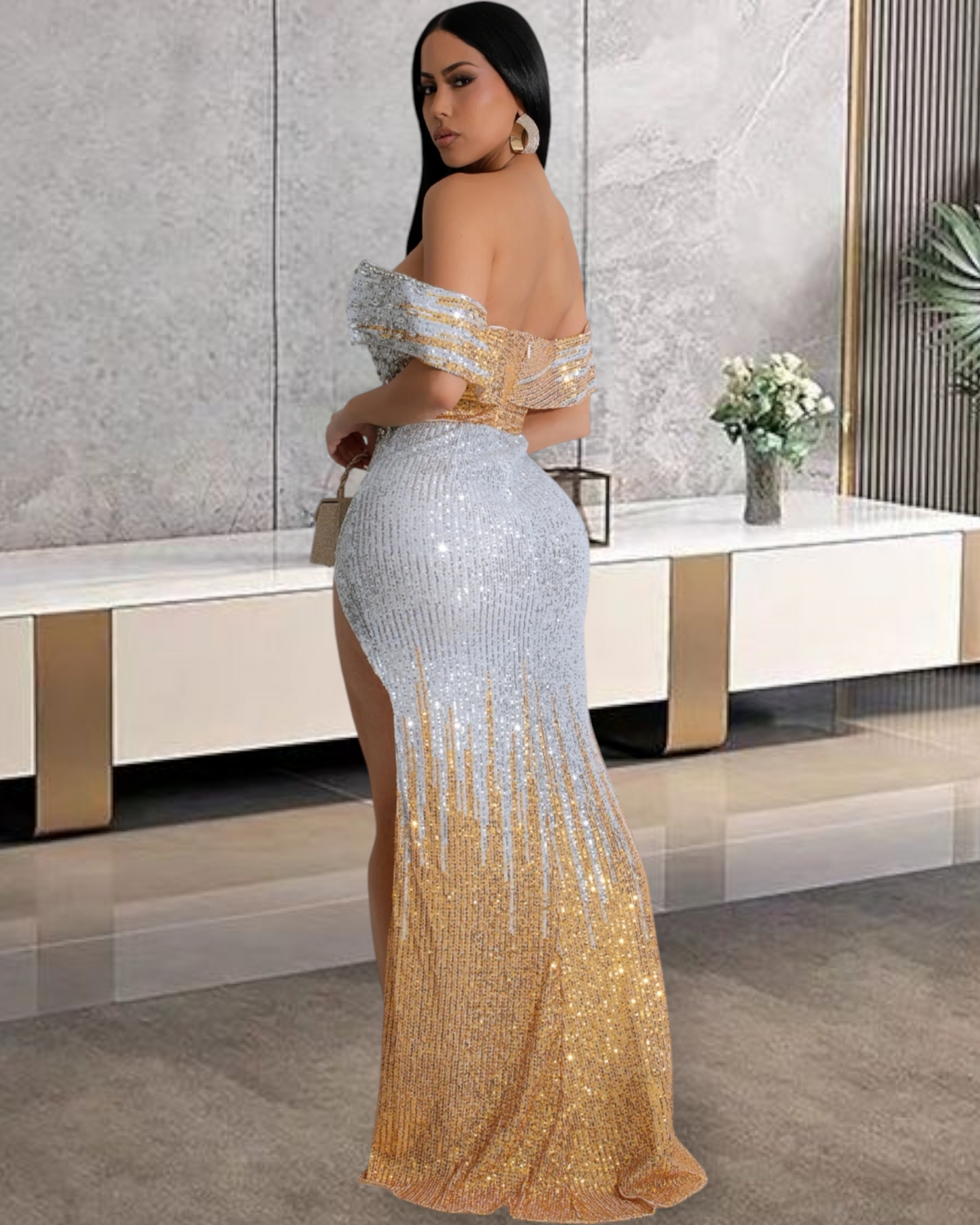 Show Must Go On Crystal and Sequin Maxi Dress Gold Silver