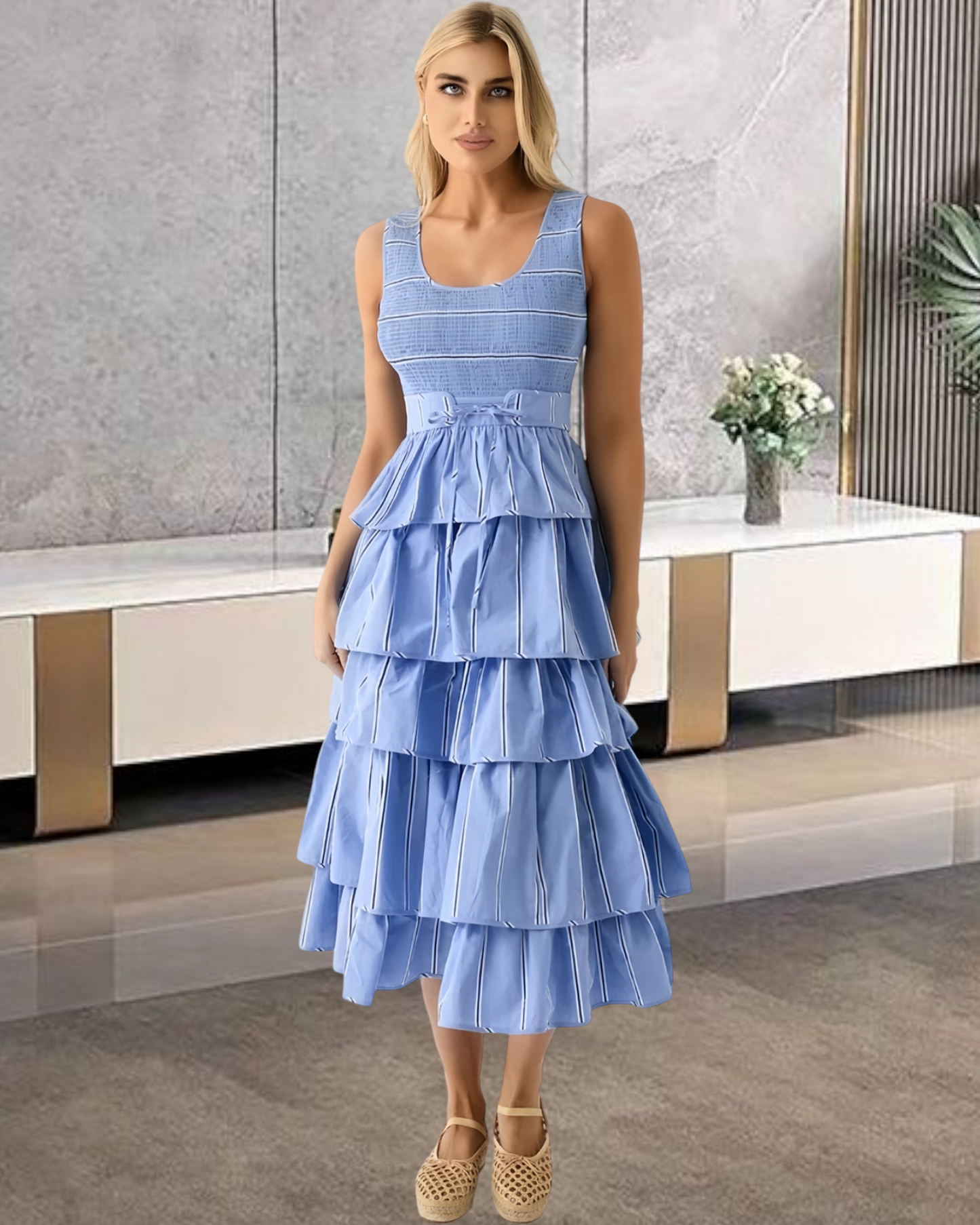 You Dare To Wear  Ruffle  Campden Stripes Long Dress