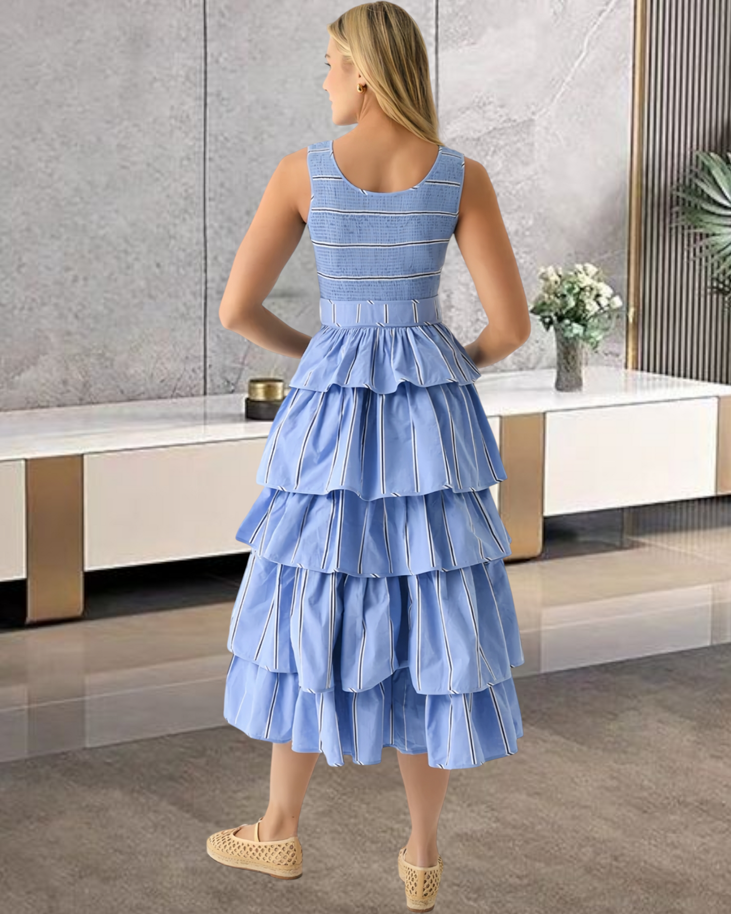 You Dare To Wear  Ruffle  Campden Stripes Long Dress