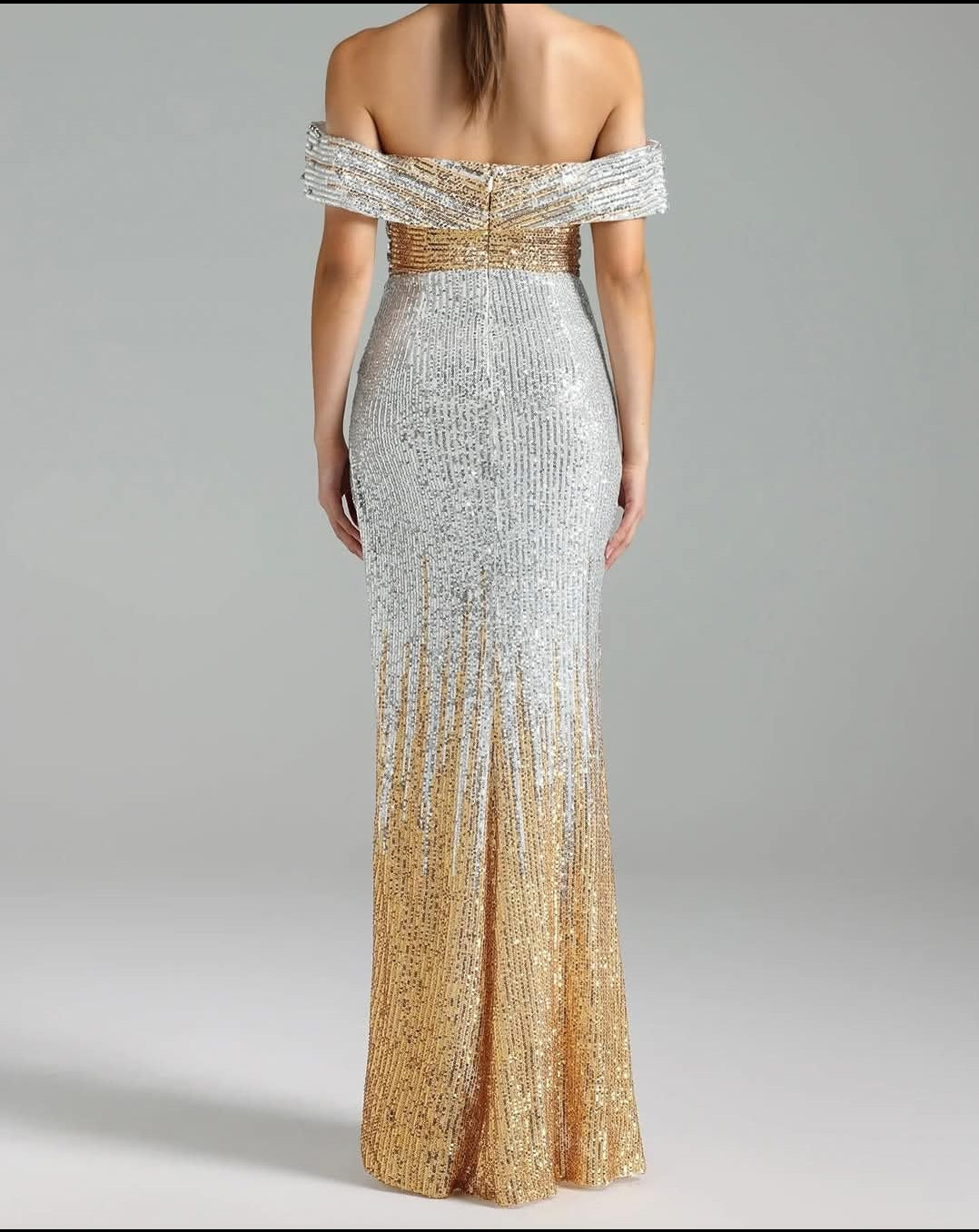 Show Must Go On Crystal and Sequin Maxi Dress Gold Silver