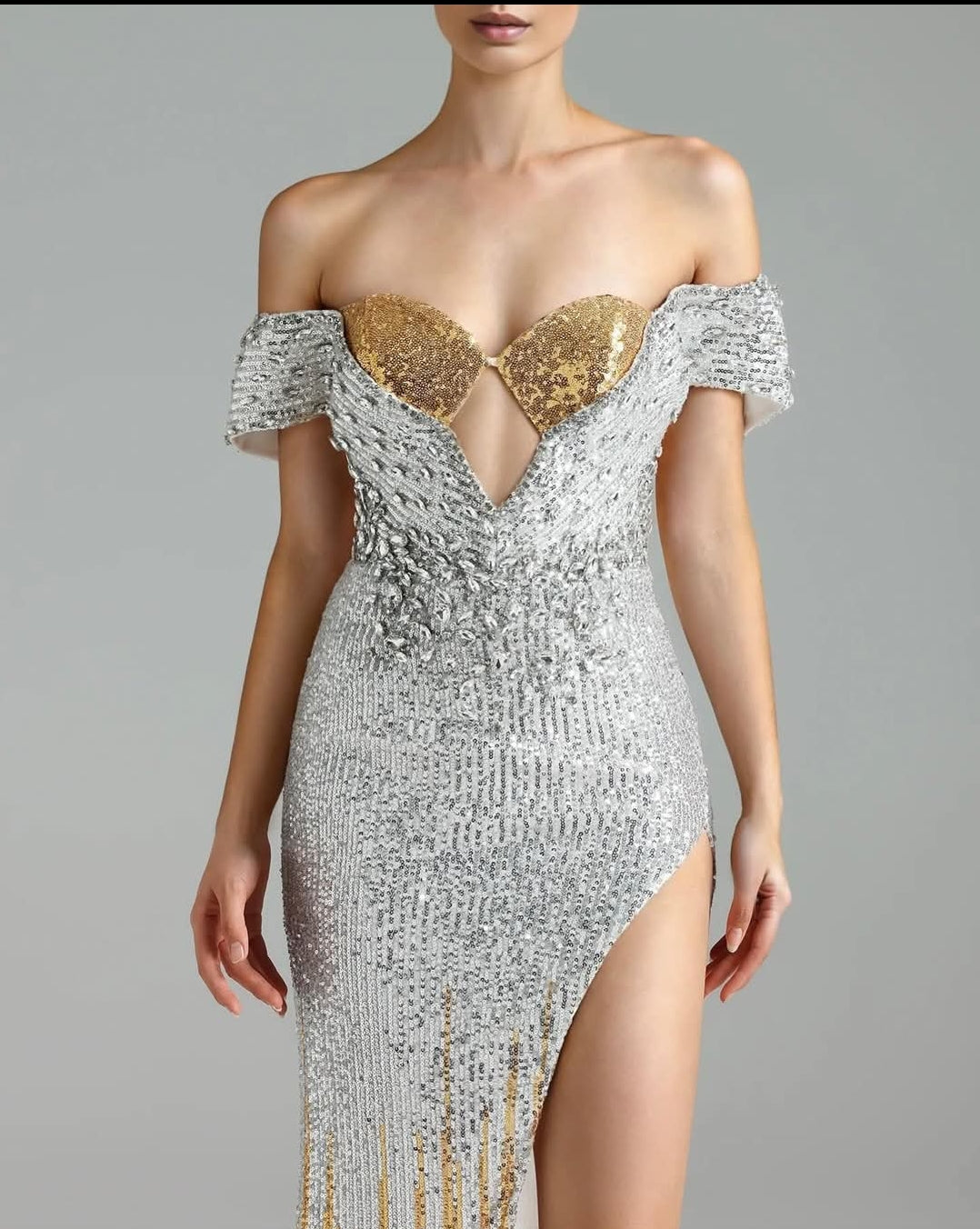 Show Must Go On Crystal And Sequin Maxi Dress - Gold And Silver Embellished Evening Gown