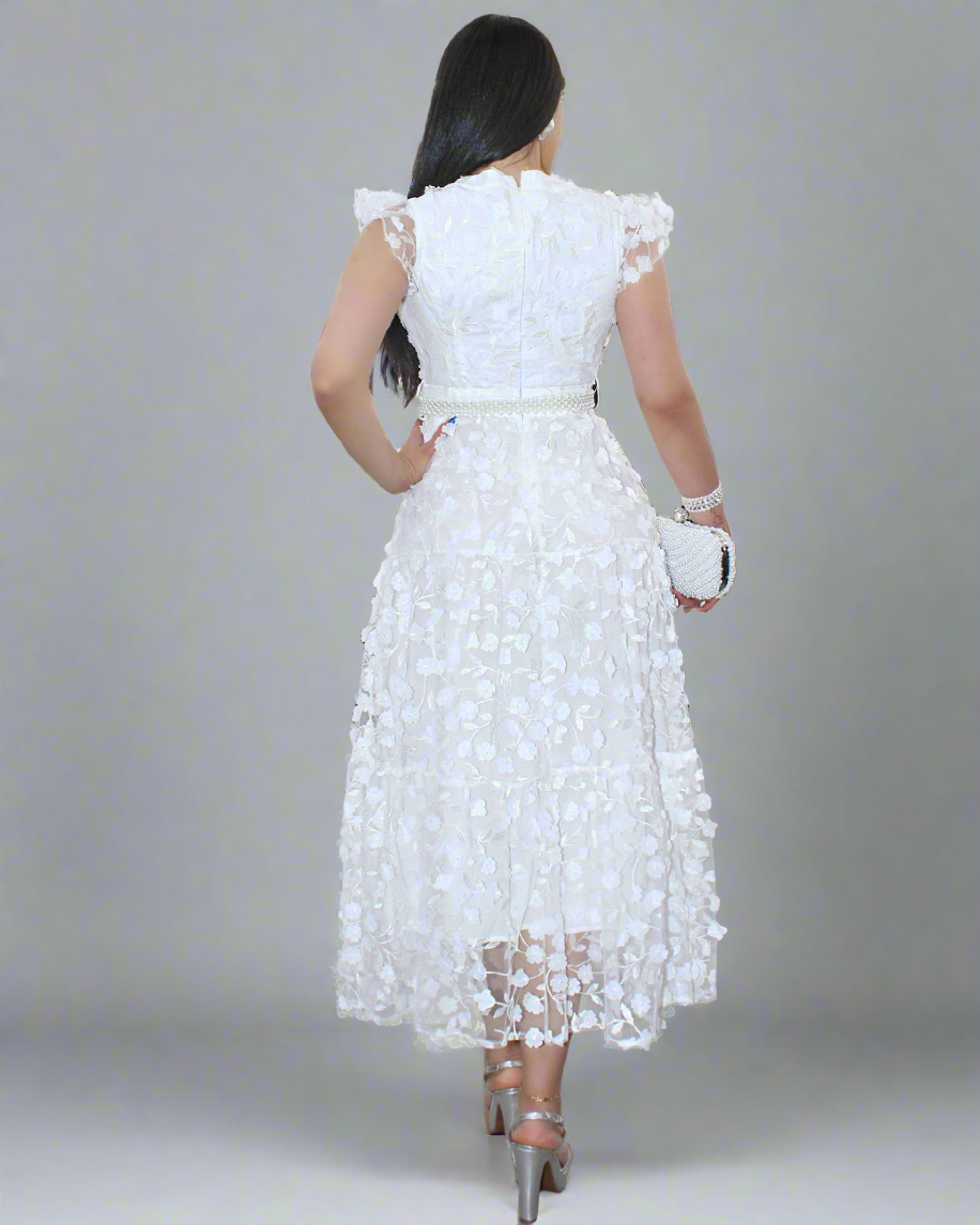 Indulge Me With Flowers Organza Long Dress - White 100% Cotton Slim Fit Perfect Event Wear