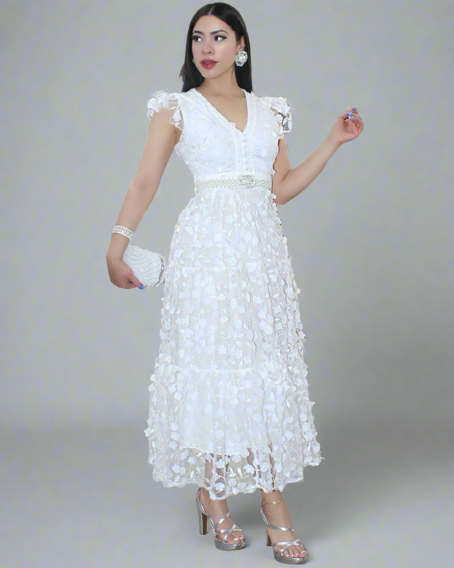 Indulge Me With Flowers Organza Long Dress - White 100% Cotton Slim Fit Perfect Event Wear
