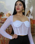 Ask Me For Rhinestones White Mesh Crop Top With Stretch Sparkling White Party Crop For Dance Floors