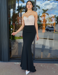 Here I Come Rhinestone Two Piece Gown Maxi Dress Black - Elegant Eveningwear With Mesh Detailing And Comfortable Stretch