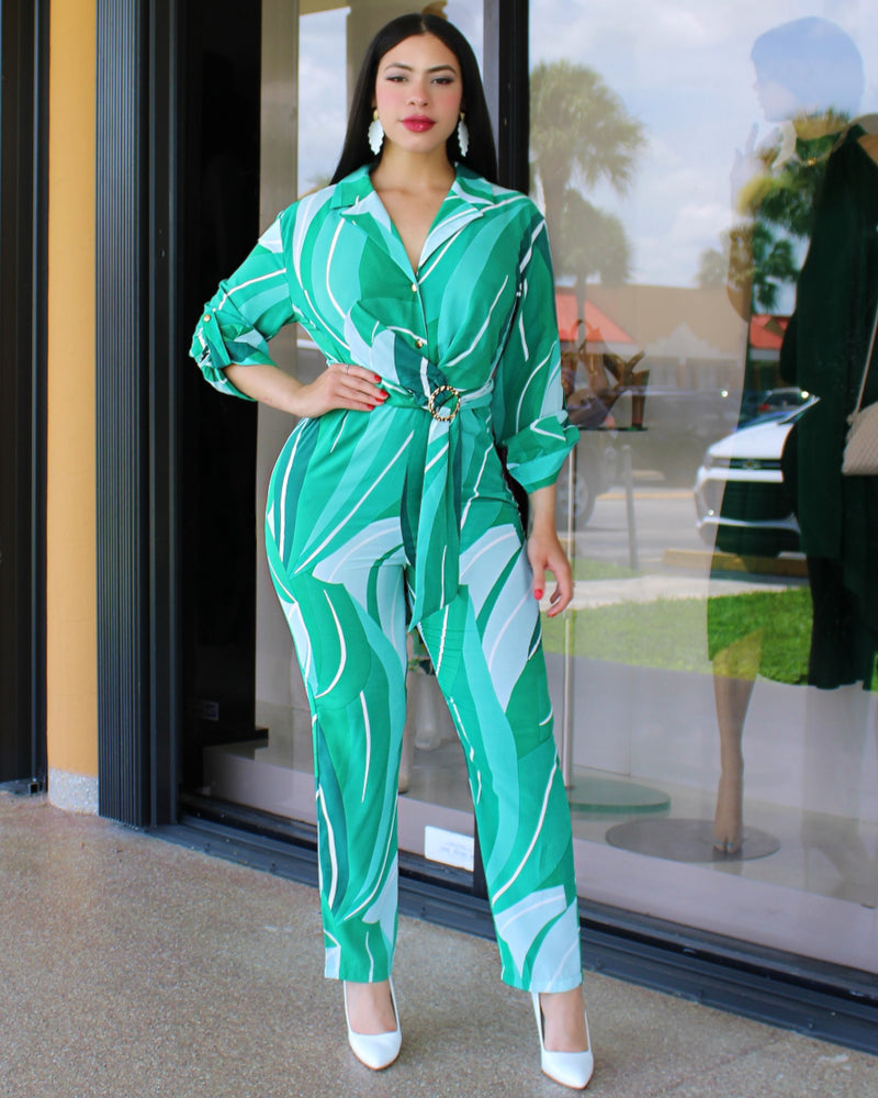 Want To Break Free Abstract Print Jumpsuit Green