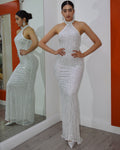 Exotic Beauty Rhinestone Gown Maxi Dress - Elegant White Evening Gown With Mesh And Stretch