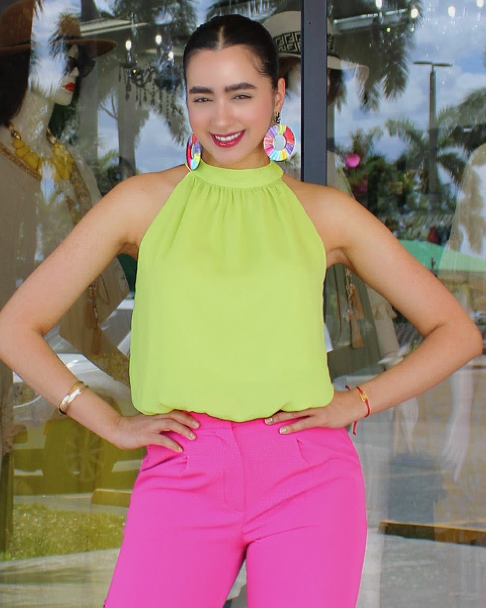 Now You Know Halter Top Lime Green - Nonstretch Polyester Cotton Blend For Everyday Wear