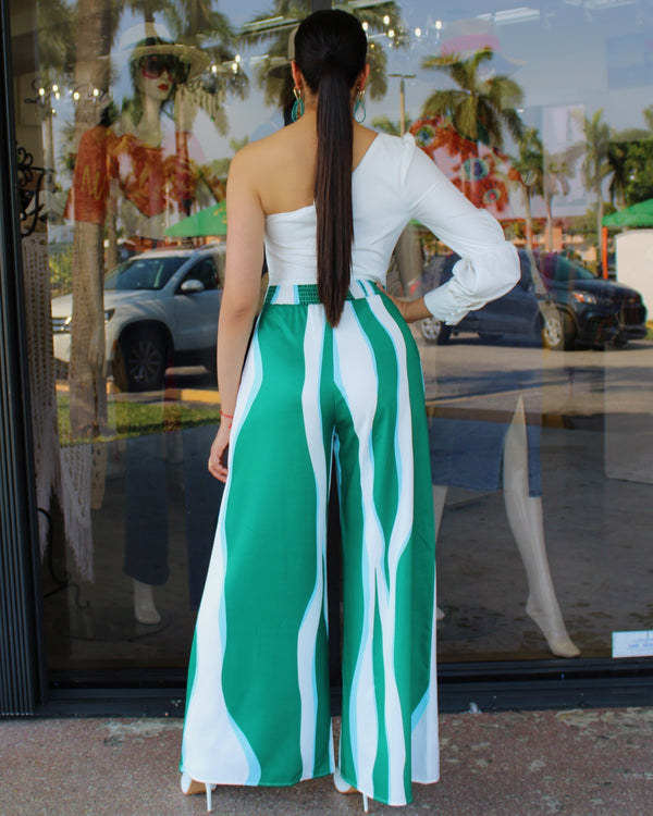 Always Motivated One Shoulder Flare Jumpsuit Green and White