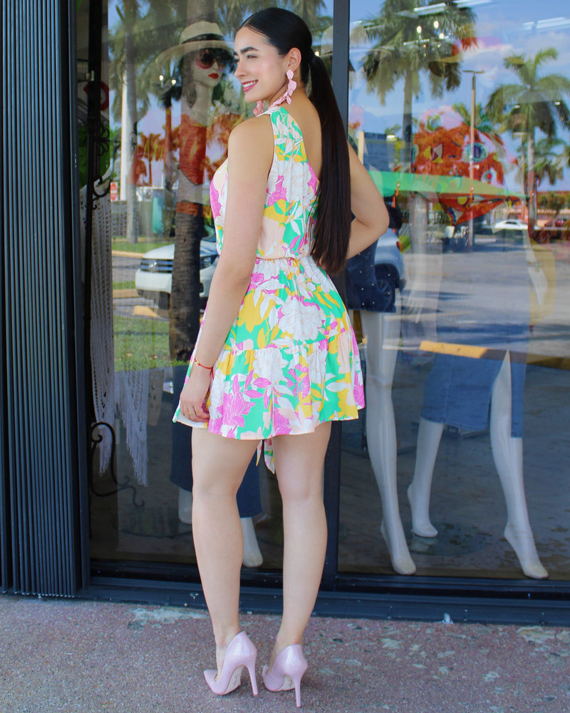 So Tropical Multicolor Belted Mini Dress