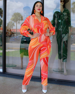 Want To Break Free Abstract Print Jumpsuit Orange