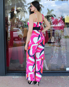 Everywhere You Go Abstract Print Jumpsuit Hot Pink