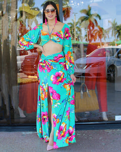 Traveling Soon Floral Skirt Set Aqua Blue