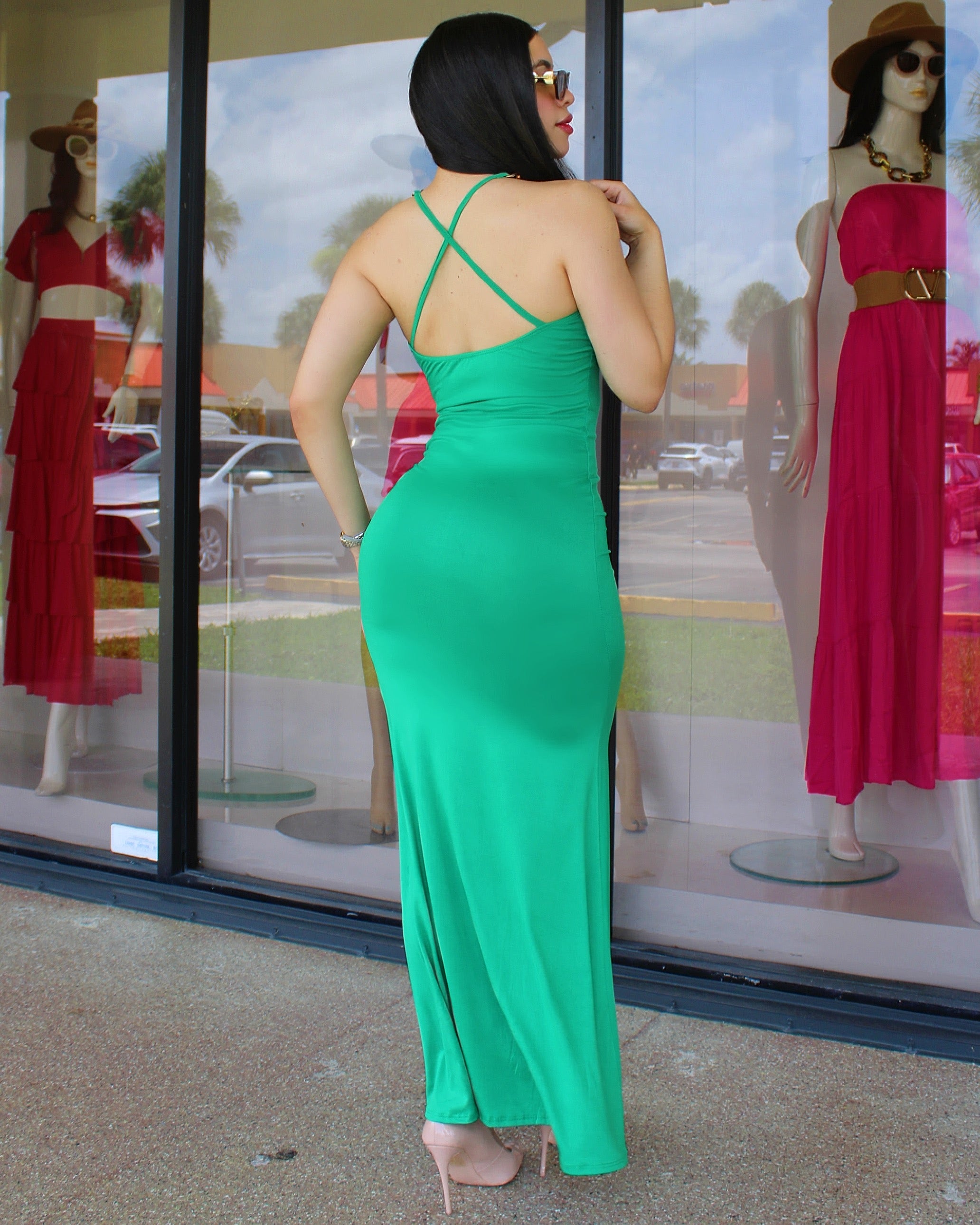 Simple Art Gold Chain Maxi Dress Green - Stretchy 100 Percent Polyester For Any Event