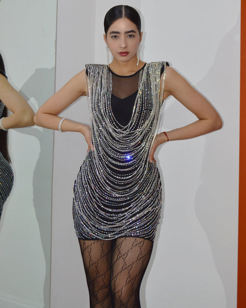 Bling All The Way Rhinestone Dress Black With Mesh And Polyester Stretch For Evening Events
