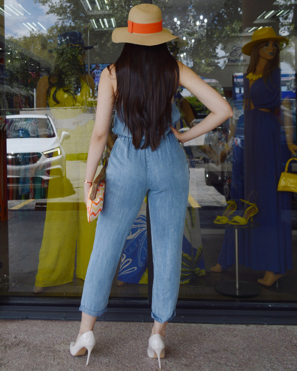 Trendique Ready For The Weekend Jumpsuit Denim Blue - Flattering Fit In No Stretch Polyester And Chiffon