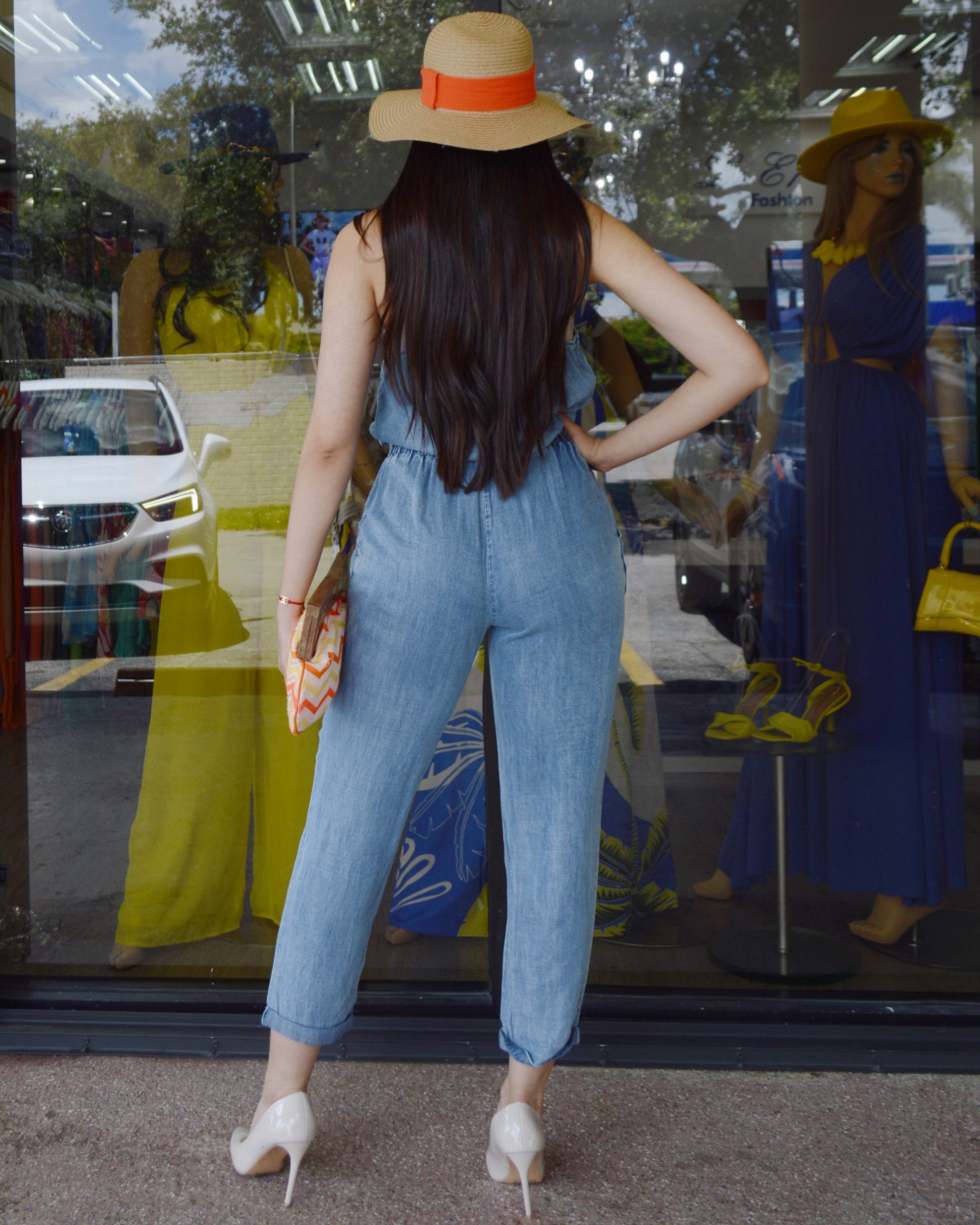 Trendique Ready For The Weekend Jumpsuit Denim Blue - Flattering Fit In No Stretch Polyester And Chiffon