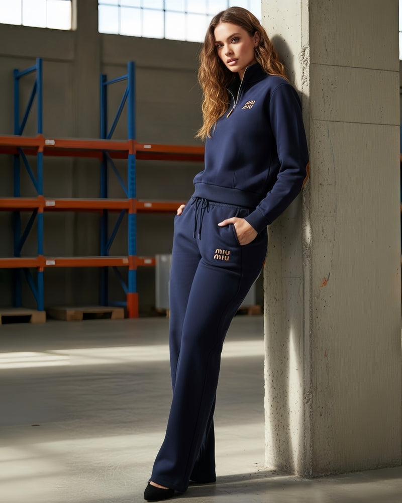 Amaya Navy Blue Luxury Tracksuit Set – Zip-Up Top & Wide-Leg Pants