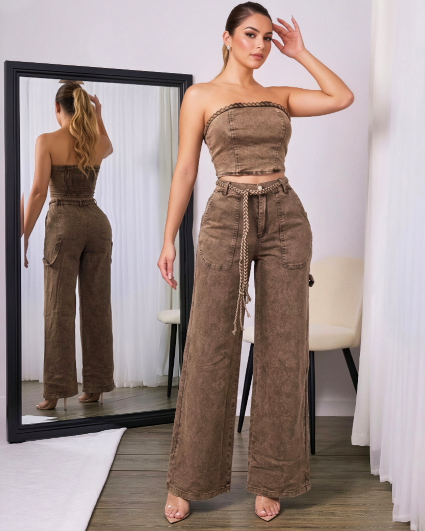 Chocolate Denim Strapless Top & Wide Leg Pants Set – Two Piece Chic Outfit