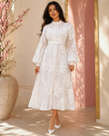 Ethereal White Floral Embroidered Mesh Midi Dress - No Stretch Embroidered Mesh For Elegant Events