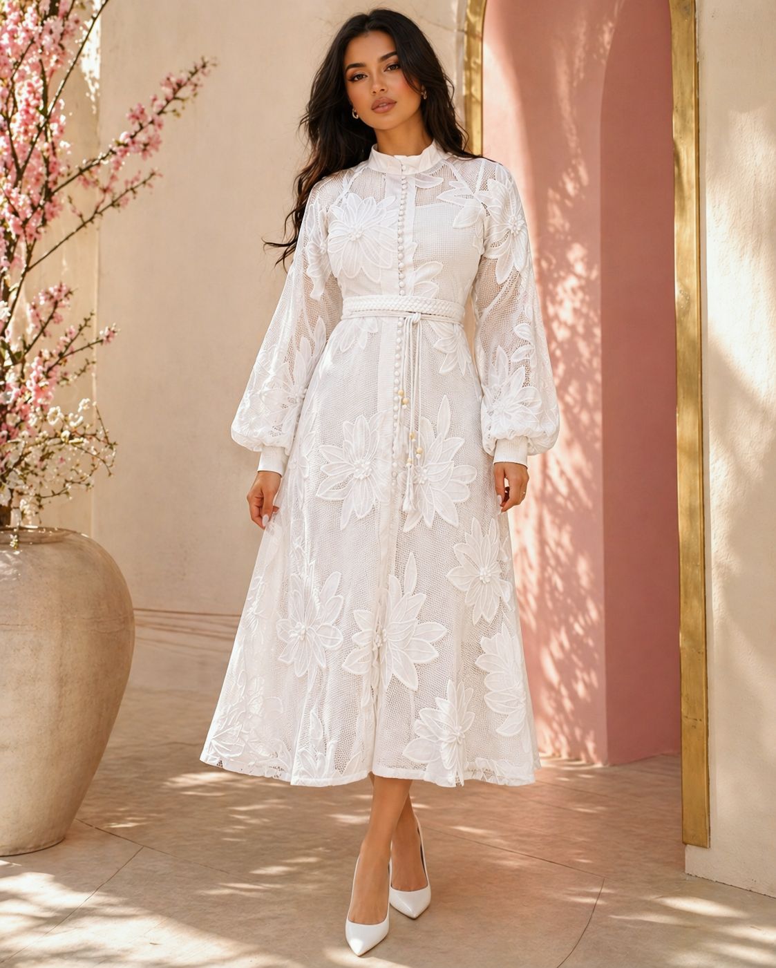 Ethereal White Floral Embroidered Mesh Midi Dress - No Stretch Embroidered Mesh For Elegant Events