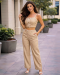 Linen Lane Natural Linen Two-Piece Set - Structured Cropped Top And High-Waisted Wide-Leg Pants For Breathable Style