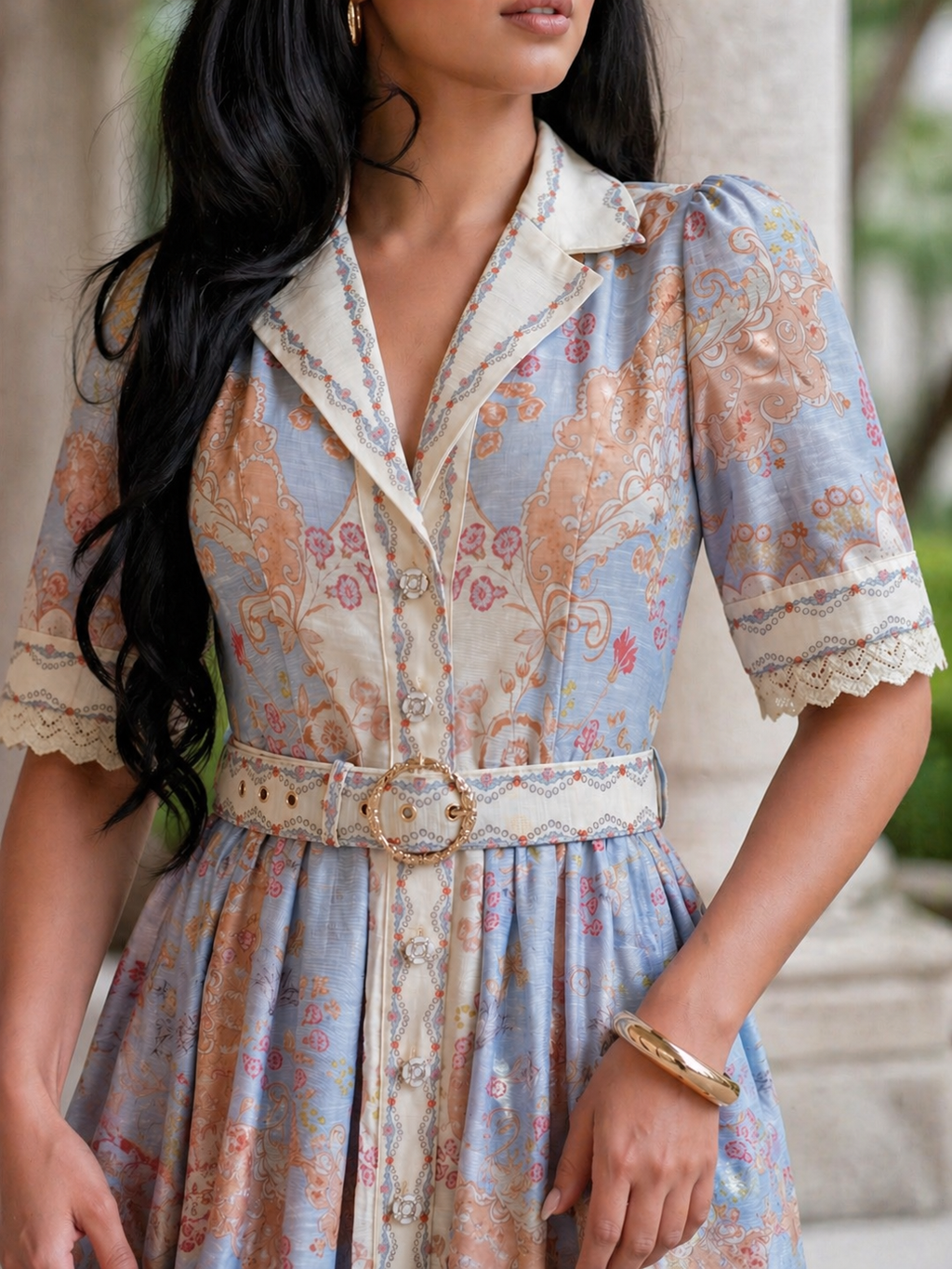 Vintage Style Printed Dress with Belt – Blue Beige Chic Mini Dress